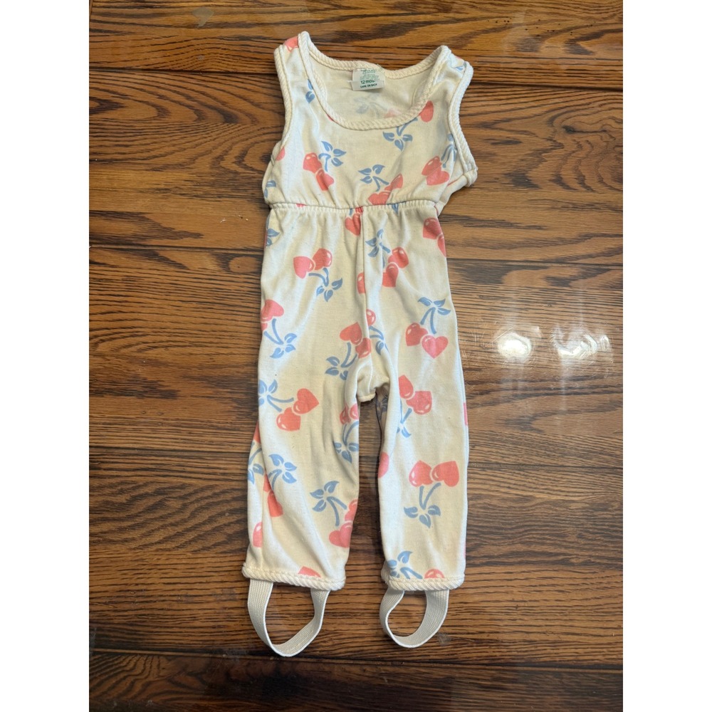 Vintage Cherry Romper Baby 12M Cream Pink Stirrup Leg Snap Crotch Sleeveless